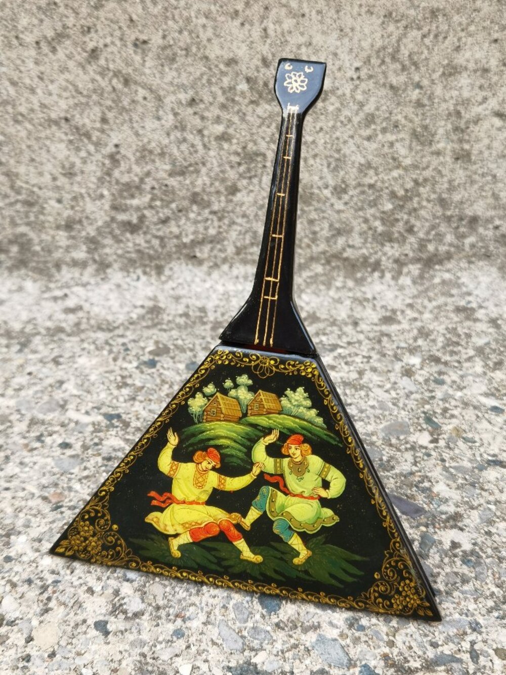 Vintage Russian Lacquer Box Balalaika Shaped Hand Paint Folk Art Jewelry Trinket